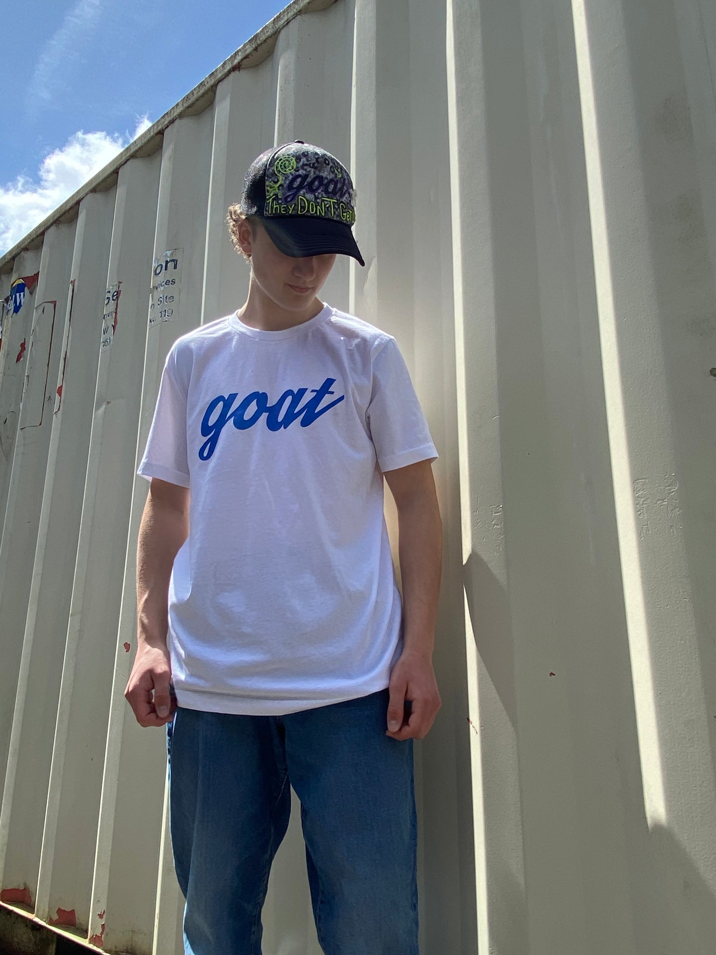 Goat Street Goods White & Blue Script Series “goat” Short Sleeve Tee