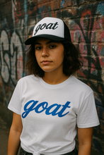 Load image into Gallery viewer, Goat Street Goods White &amp; Blue Script Series “goat” Short Sleeve Tee
