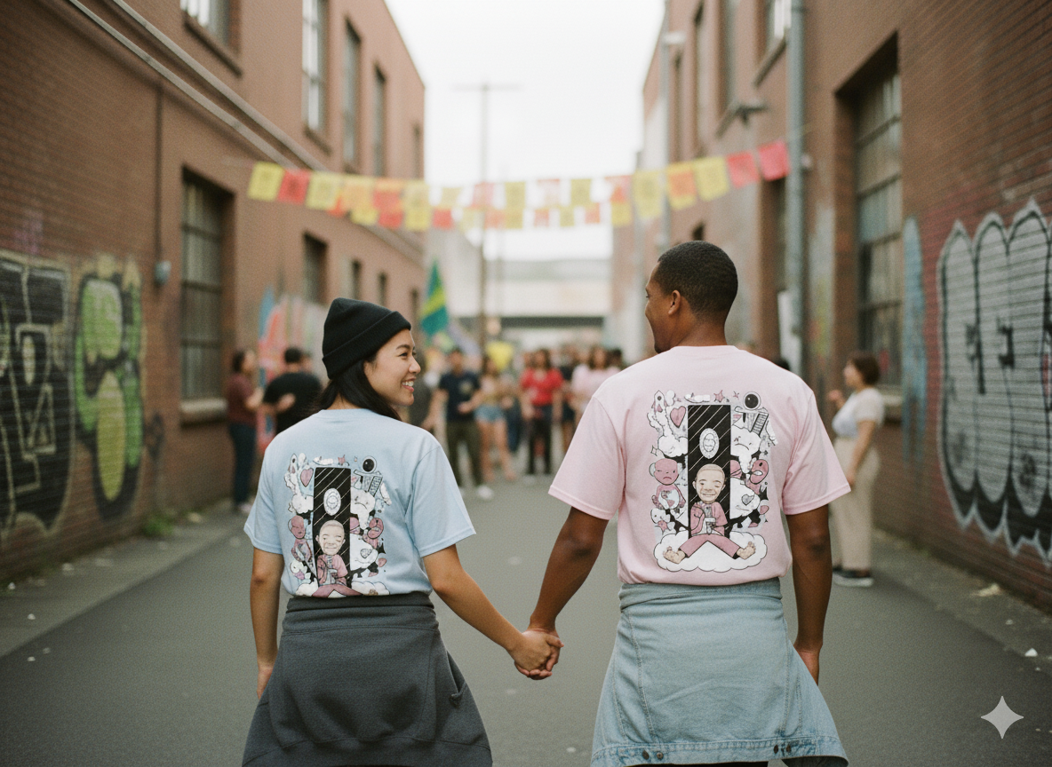 Wax Works 001 "Swimming" Short Sleeve Tee in Light Blue, Bright Pink or Beige