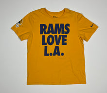 Load image into Gallery viewer, Women’s Pre-Owned Yellow &amp; Blue Nike Los Angeles Rams “Rams Love L.A.” Short Sleeve Tee, Size Large
