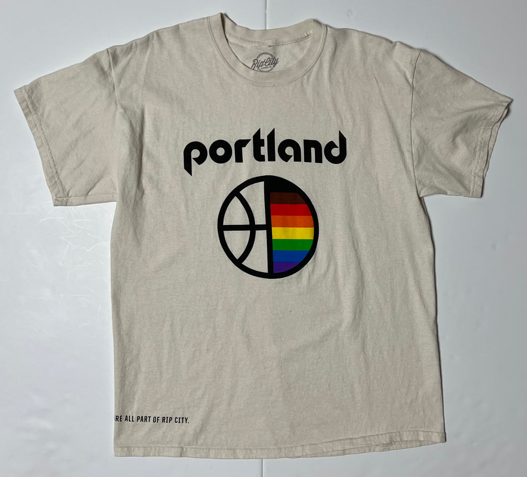 Men’s Pre-Owned Rip City Clothing Co. Portland Trailblazers Off White Rainbow Pride Short Sleeve Tee, Size Large