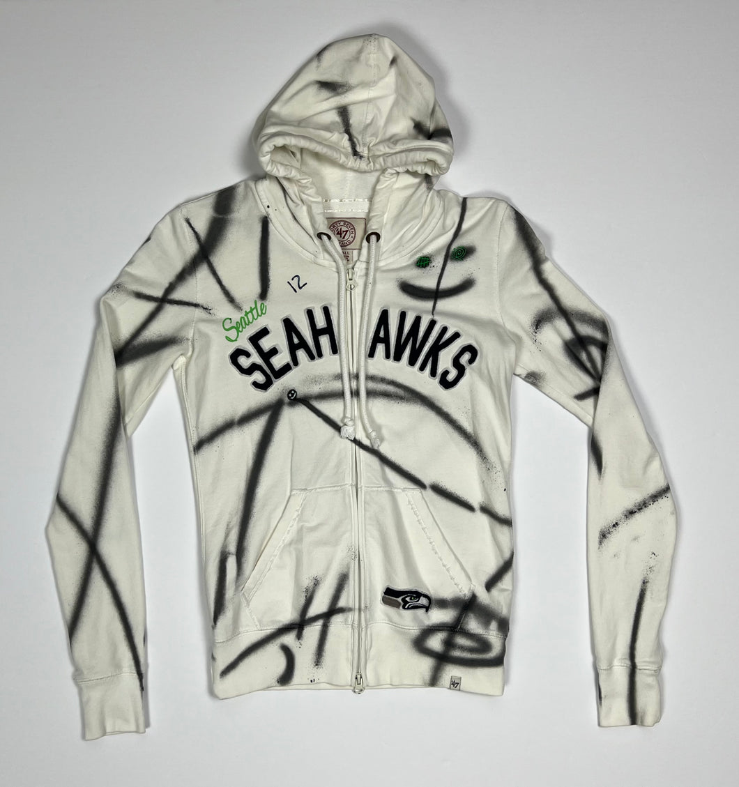 Women’s Pre-Owned Custom Painted White ‘47 NFL Seattle Seahawks Full Zip Hoodie, Size Small