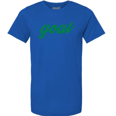 Goat Street Goods Green Script “goat” On Blue Tee