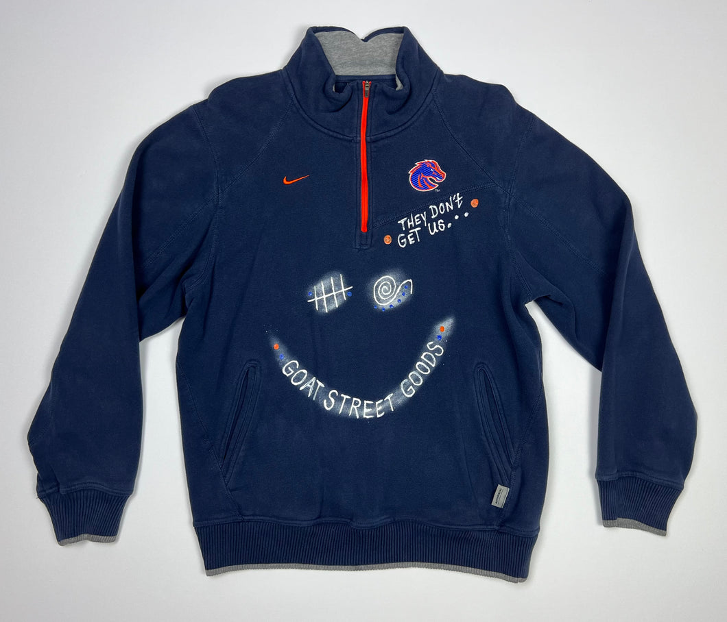 Women’s Pre-Owned Blue Nike Boise State University Custom Painted 1/4 Zip Long Sleeve Pullover, Size Medium