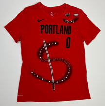 Load image into Gallery viewer, Women’s Pre-Owned Nike Red Custom Painted Portland Trailblazers Damian Lillard “The Letter O” Short Sleeve Tee, Size Medium
