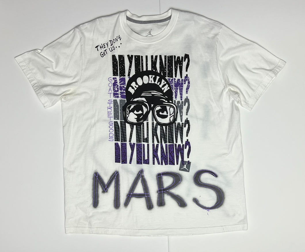 Men’s Pre-Owned White Nike Michael Jordan/ Mars Blackman “Do you Know” Custom Painted Short Sleeve Tee, Size XL