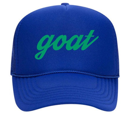 Goat Street Goods Blue/Green Embroidered Script “goat” Logo Trucker Hat