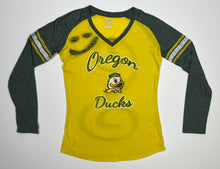 Load image into Gallery viewer, Women’s Pre-Owned Yellow/Green Champion University Of Oregon Ducks Custom Painted Long Sleeve V-Neck Shirt, Size Large
