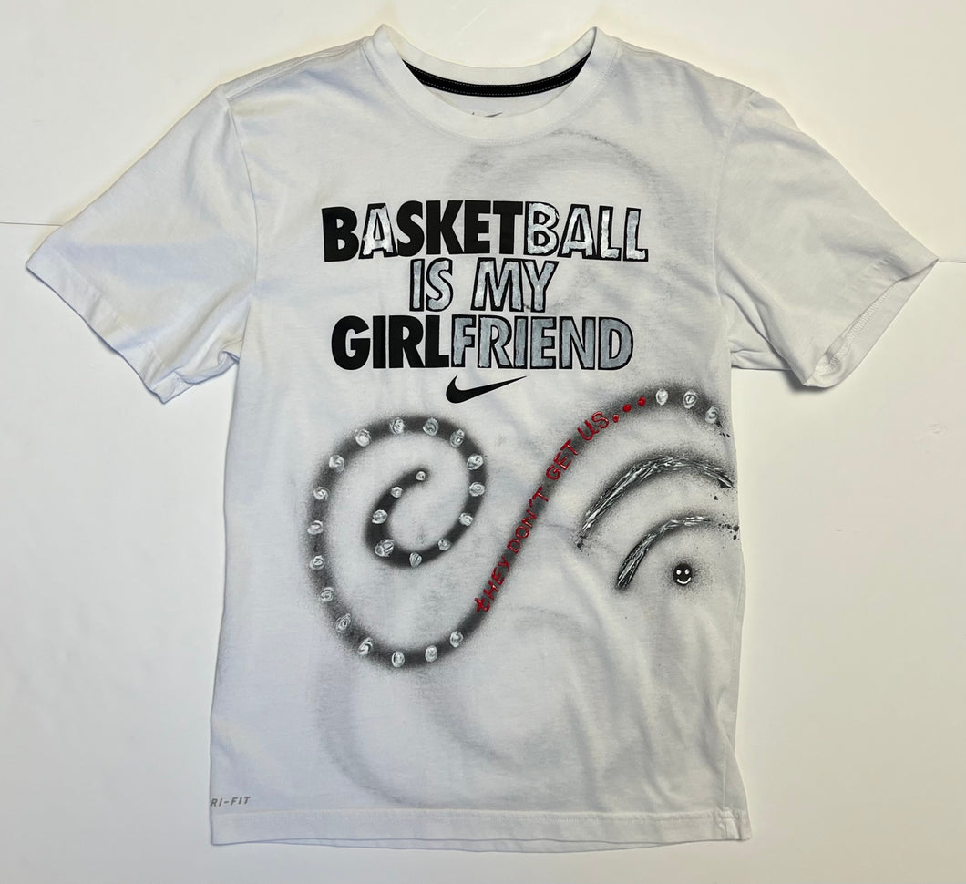 Men’s Pre-Owned Nike White “Basketball Is My Girlfriend” Custom Painted Short Sleeve Tee, Size Small