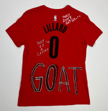 Load image into Gallery viewer, Women’s Pre-Owned Nike Red Custom Painted Portland Trailblazers Damian Lillard “The Letter O” Short Sleeve Tee, Size Medium
