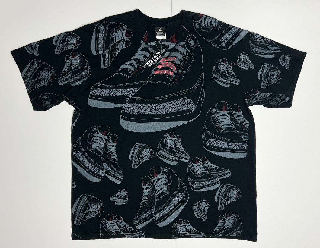 Men’s Pre-Owned Black Nike Michael Jordan Air Jordan 3 Multi Shoe Custom Painted Short Sleeve Tee, Size XL