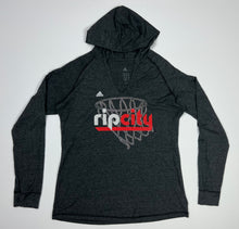 Load image into Gallery viewer, Women’s Pre-Owned Charcoal Gray adidas Portland Trailblazers “Rip City” Hooded Long Sleeve Shirt, Size. XL
