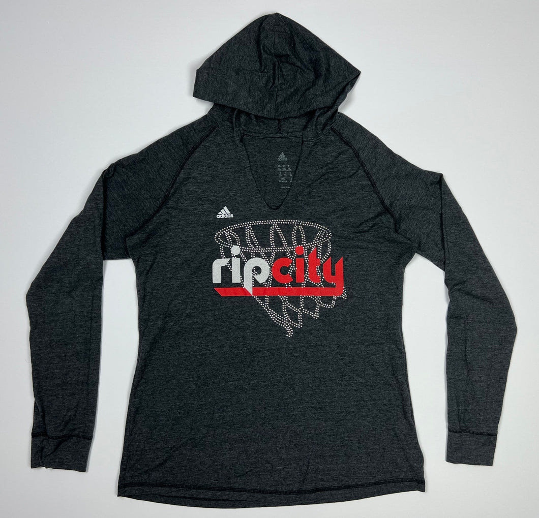 Women’s Pre-Owned Charcoal Gray adidas Portland Trailblazers “Rip City” Hooded Long Sleeve Shirt, Size. XL